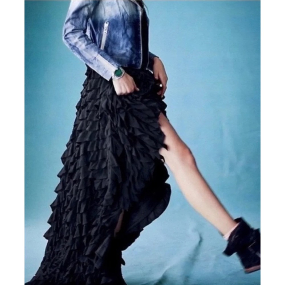 Free People Lydia Ruffle Maxi Skirt Charcoal Gray Tiered High Low Boho Gothic L